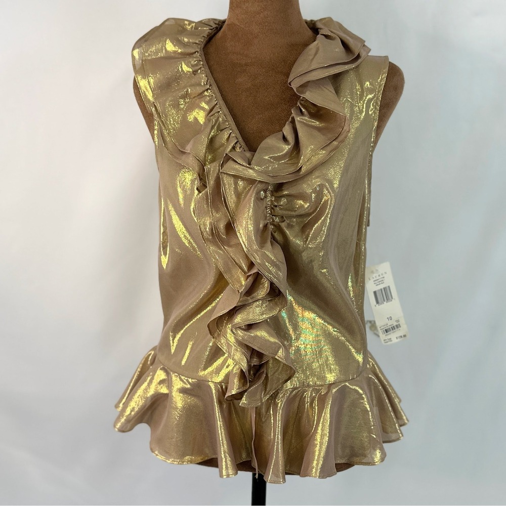 Lauren Ralph Peplum Top Womens 10 Gold NWT Silk blend Metallic Ruffle Blouse